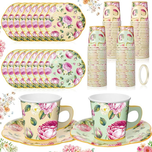 Umigy 36 Sets Tea Party Decorations 6.5 oz Floral Paper Tea Cups with Plates Disposable Blossom Teacups and Saucers Sets for Girls Women Birthday Party Supplies(Vintage Style,36 Pcs)