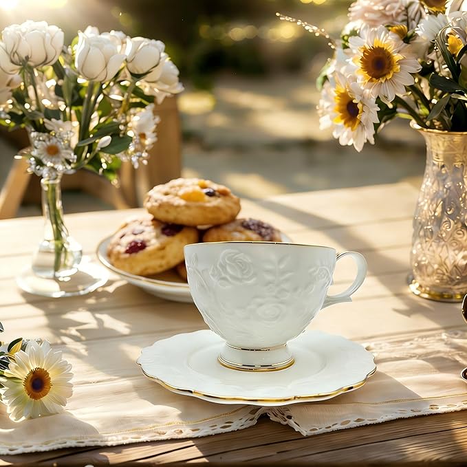 Tea Cup and Saucer Set for 1, Coffee Cup with Saucer and Spoon, Espresso Latte Cup for Women Gift, Dishwasher Safe, 6.8 Oz