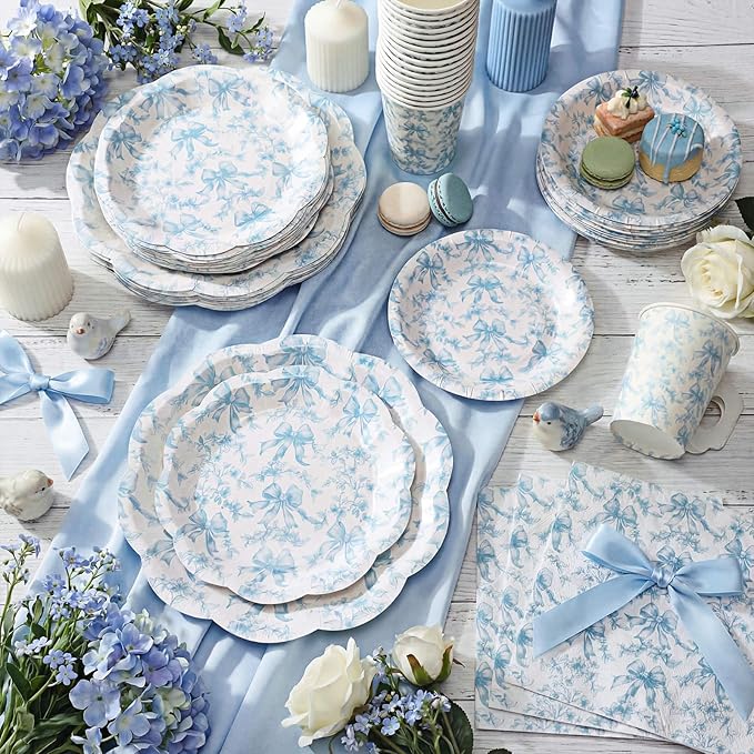 Pickmesh 252 Pcs Blue Bow Floral Tea Party Supplies for 36 Guests Flower Paper Disposable Dinnerware Flower Teacup with Handle and Saucers Set for Tea Party Decorations Birthday Baby Shower Wedding