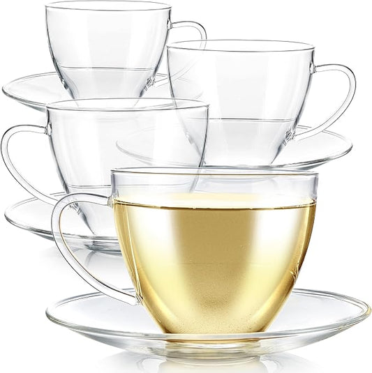 Teabloom Royal Teacup and Saucer Set 4-Pack – Large Size – 12 OZ/ 350 ML Capacity – Crystal Clear Classic Design – Glass Mug Set – Premium, Healthful Borosilicate Glass – Odor and Stain-Free