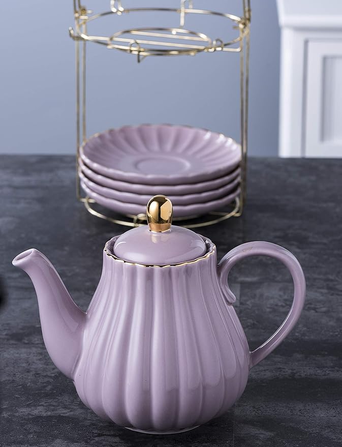 Jusalpha Fine China 8 OZ Purple Coffee Cup/Teacup, Saucer, Spoons, Teapot and Creamer Set, 17-Pieces (FD-TW17PC Set, Purple)
