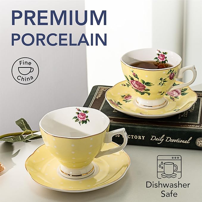 BTaT- Floral Tea Cups and Saucers, Set of 4, 8 oz, Fine Porcelain Teacup Set with Gold Trim for Afternoon Tea, Weddings, Parties & Gifting, Dishwasher Safe, Lightweight, Non-Toxic