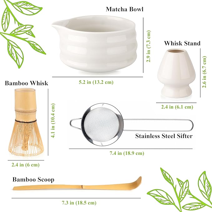 Matcha Whisk Set- Matcha Set includes Matcha Whisk and Bowl with Spout, Sifter, Holder and Scoop- The Perfect Bamboo Whisk for Matcha Tea (White)