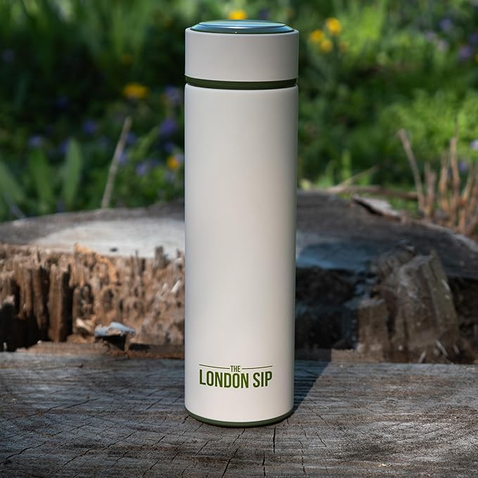 London Sip 16.9 oz Multi-Purpose Tea Infuser Mug – Fruit Infuser Water Bottle for Hot and Cold – Double Wall Stainless Steel Insulated, Safari Beige