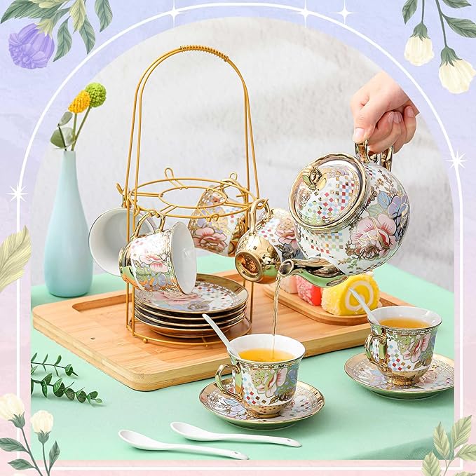 Zhehao 20 Pcs Porcelain Tea Set with Metal Holder and Spoon Adult Ceramic Tea Set European Flower Painting Teapot Cup Saucer Spoon for Women, Large Version(Rustic Style)