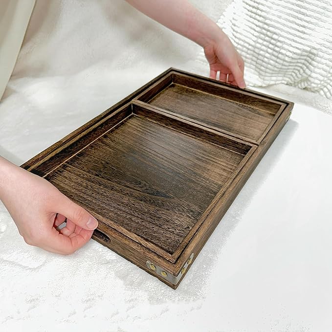 3-Piece Wooden Serving Tray Set - Nesting Platters for Entertaining & Breakfast