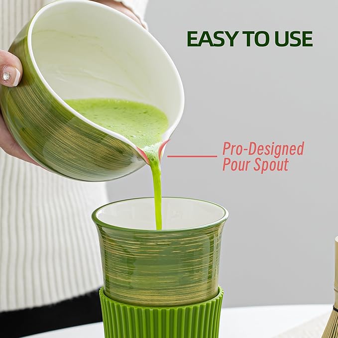 Matcha Whisk Set, 7 Pcs Green Ceramic and Bamboo Tea Ceremony Kit with 480 ML Bowl, Whisk Holder, Scoop, Sifter, Unique Gift Set,Tradition Matcha Tea Set