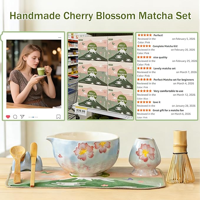 Clay&Fire Matcha Whisk Set，9 Pcs Ceramic Matcha Set, 15 OZ Matcha Bowl with Spout and Whisk，Matcha Kit for Friend, Ideal Gift for Matcha Lover（Cherry Bloom）