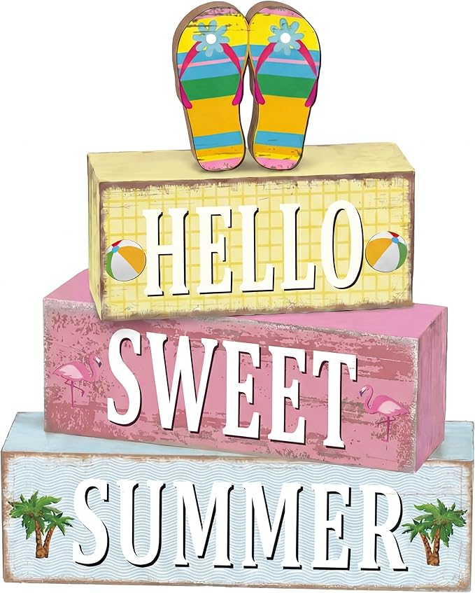 Geelin 4 Pcs Summer Decorations Wooden Sign Hello Summer Flip Flop Table Centerpiece Tiered Tray Decor Beach Farmhouse Blocks Table Top Sign for Home