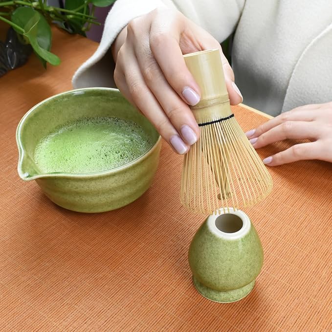 Artcome 4-Piece Matcha Tea Set - Complete Japanese Ceremony Kit with Bowl, Whisk, Whisk Holder, Scoop & Guide, Mottled Green