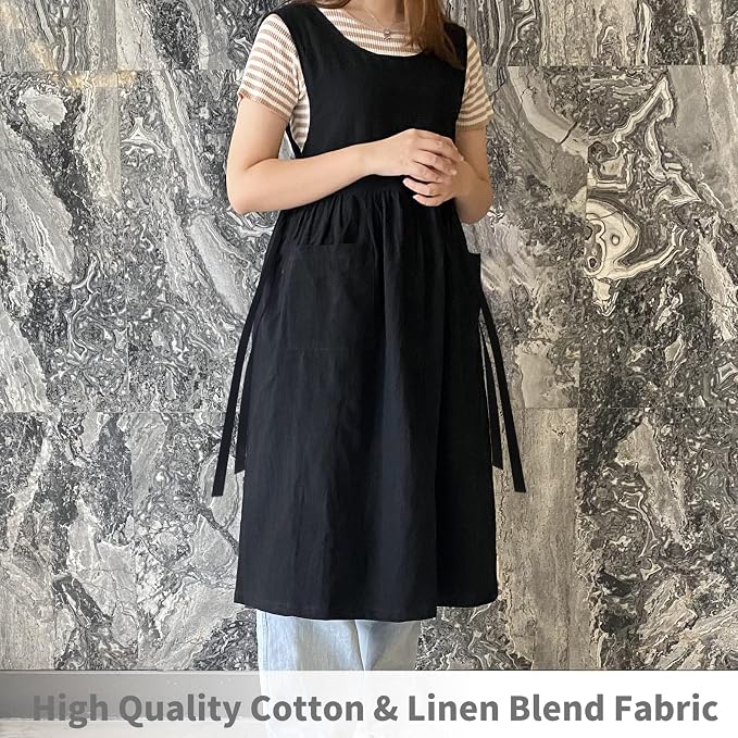 Premium Plus Size Apron Adjustable Waistline Bib Apron,Soft Cotton Blend Apron with Pockets (Black) - Image 2