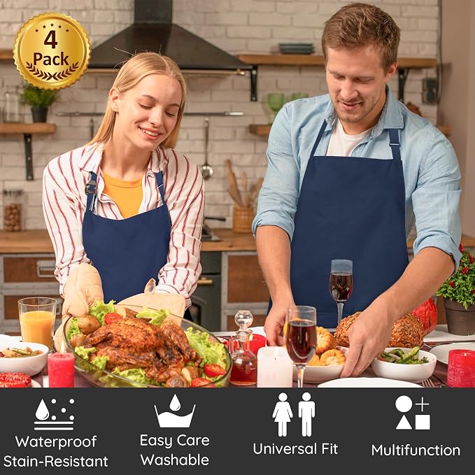 4 Pack Chef Apron, Waterproof Apron, Adjustable Apron with 2 Pockets for Men Women, Apron for Cooking Baking Restaurant (Polyester Blend, Navy Blue) - Image 2