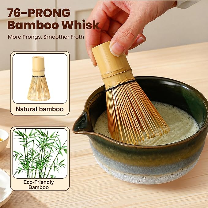Matcha Whisk Set, Ceramic Matcha Kit Desert Style, Matcha Whisk and Bowl, Bamboo Scoop and Rest, Sifter and Tea Towel, 7 Pcs Gifts for Matcha Lover - Dark Green