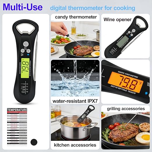 Instant Read Meat Thermometer for Cooking – Waterproof Digital Food Thermometer with Backlit LCD, Long Probe, Fast Accurate Kitchen Thermometer for BBQ, Grill, Candy & Oil (°C/°F)