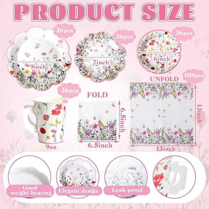 Pickmesh 252 Pcs Floral Tea Party Supplies for 36 Guests Wildflower Paper Disposable Dinnerware Floral Teacups with Handle and Saucers Sets for Tea Party Decorations Birthday Baby Shower Wedding