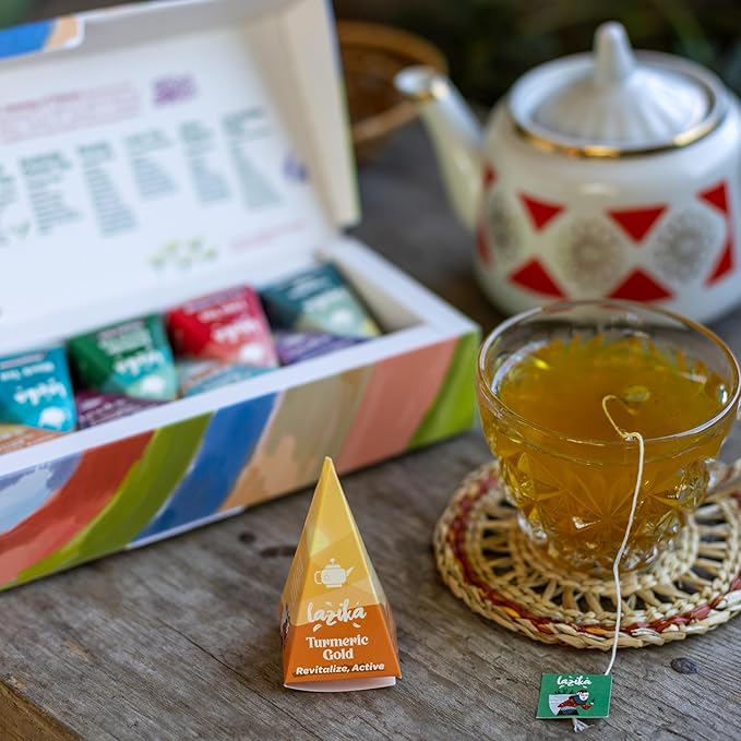 Lazika Tea Sampler with Lovely Presentation Box, 20 Counts, 4 of Each Blend Individually Wrapped, Black, Green and Herbal Tea Variety Gift Set, Premium Collection with Pyramid Infuser Bag, Handcrafted