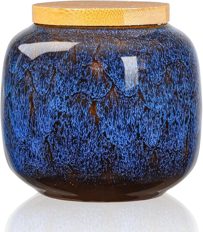 6oz Flambe Glaze Ceramic Loose Tea Canister Vintage Storage Jars with Airtight Wooden Lid Blue Matcha Tin Container for Coffee Beans Condiments
