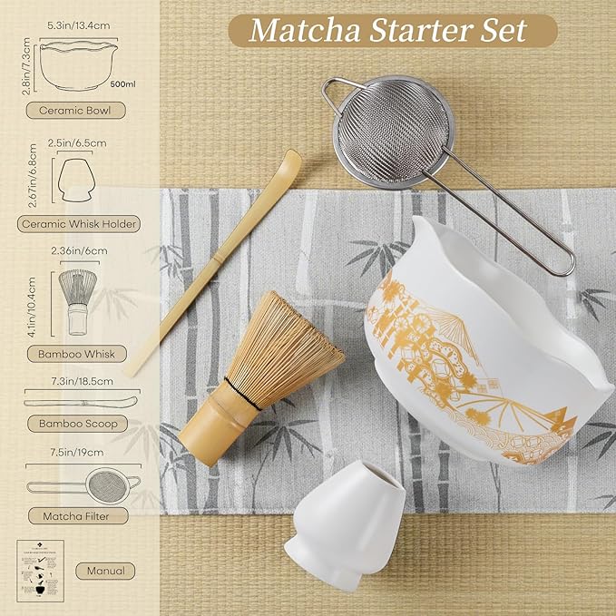 Traditional Matcha Tea Set Kit White, Japanese Matcha Making Tools Ceramic Bowl and Whisk Holder Accessories Gift Set for Women Friends