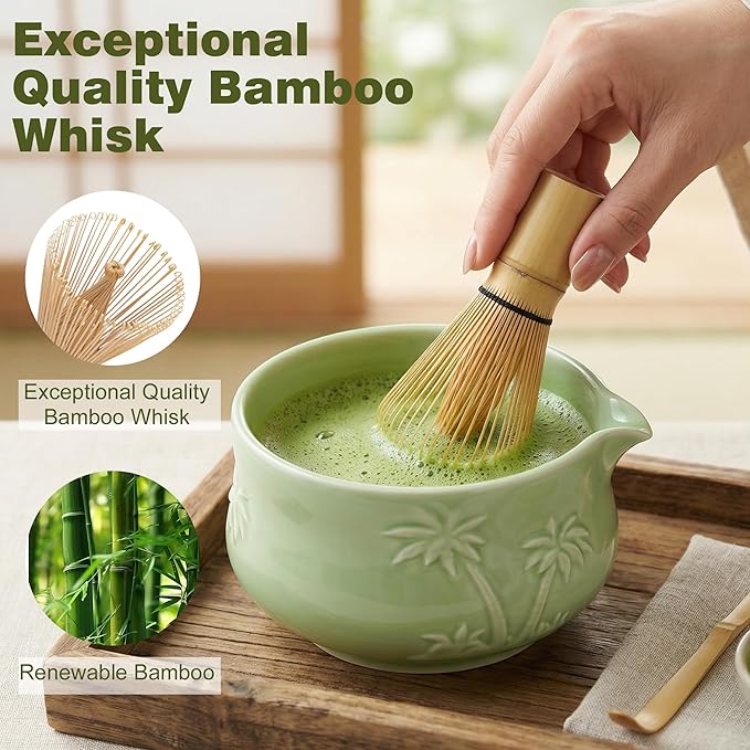 Matcha Whisk Set -7 Pcs Ceramic Matcha Kit Includes Matcha Bowl,Holder,Matcha Sifter, Bamboo Whisk (Chasen),Matcha Spoon and Scoop and Tea Towel,Matcha Kit for Matcha Lovers(Cyan)