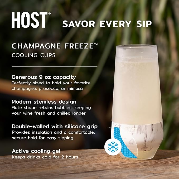 HOST Champagne Freeze Double-Walled Stemless Wine Glasses Freezer Cooling Cups with Active Cooling Gel and Insulated Silicone Grip, 9 Oz Plastic Tumblers, Blush Tint, Set of 2
