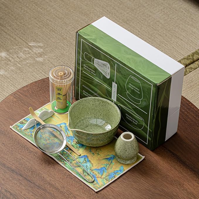Matcha Set, Matcha Whisk Set Includes Matcha Bowl with Spout, Bamboo Whisk, Matcha Whisk Holder, Sifter, Scoop, Spoon Holder, Tea Towel- 7pcs Perfect Matcha Kit for Matcha Tea Ceremony