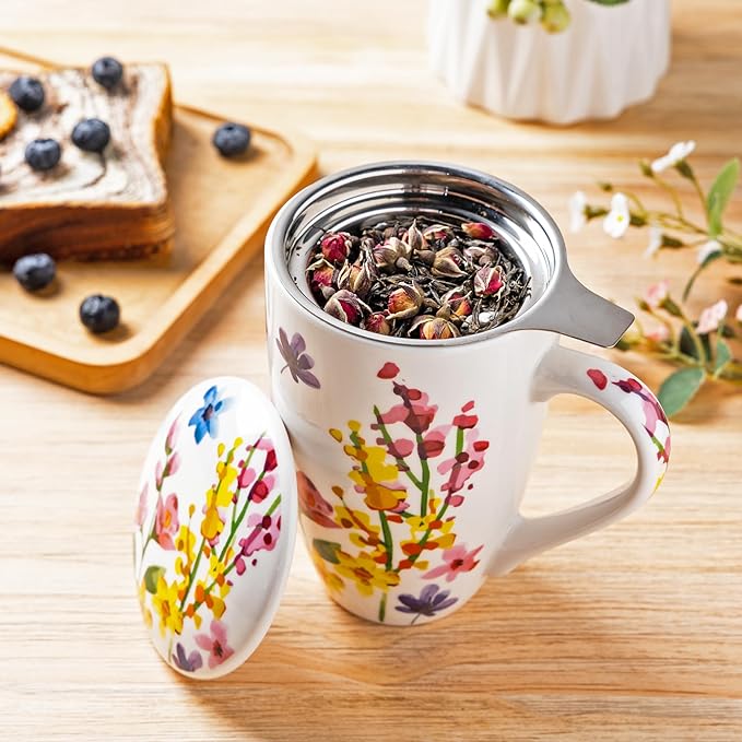 GBhome Tea Mug with Infuser and Lid, 18 Ounce Large Ceramic Loose Leaf Cup, Microwave, Dishwasher Safe, Perfect for Tea Lovers