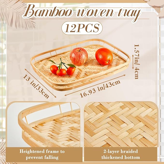 12 Pcs Bamboo Wicker Serving Trays 16.93 x 13 x 1.57 Inch Hand Woven Lap Trays for Eating Rectangular Flat Basket Tray Decorative Bedroom Bed Tray for Eating Dinner Fruit Snack Holder