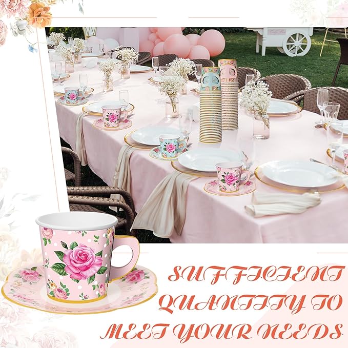Umigy 60 Sets Tea Party Decorations 9 oz Floral Paper Tea Cups with Handle and Plates Disposable Blossom Teacups and Saucers Sets for Girls Kids Birthday Garden Wedding Party Supplies(Pink, Blue)