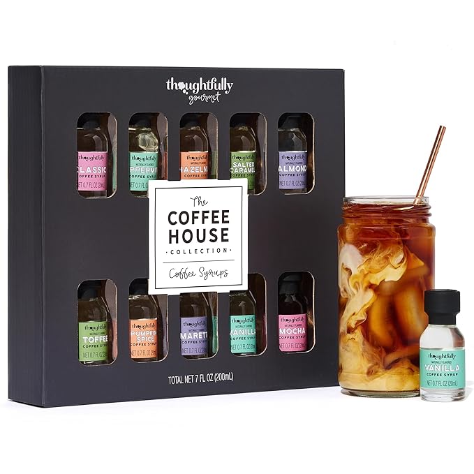 Thoughtfully Gourmet, Coffee Syrup Sampler Gift Set, Syrup Flavors Include Salted Caramel, Vanilla, Mocha, Hazelnut, Pumpkin Spice, & More, Set of 10 by Thoughtfully
