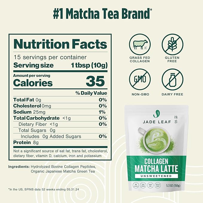 Jade Leaf Matcha Latte Powder with Grass Fed Bovine Collagen - Sugar Free, Sweetener Free - Made with Organic Japanese Matcha Powder for Café Style Blend, 5.3 Ounce / 150g (Pack of 1)
