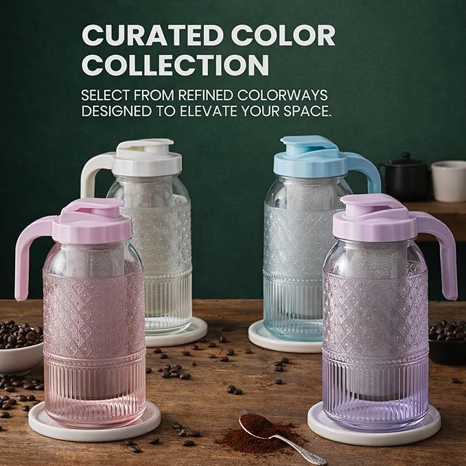 Cold Brew Coffee Maker 64 oz – Airtight Glass Mason Jar Pitcher Brewer with Leak-Proof Lid & Handle, Wide Mouth Iced Coffee Maker, Vintage Kitchen Decor - Lavender