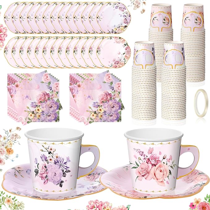 Umigy 60 Sets Tea Party Decorations 6.5 oz Floral Paper Tea Cups with Plates Paper Napkins Disposable Blossom Teacups and Saucers Sets for Girls Kid Birthday Garden Wedding Party Supplies(Graceful)