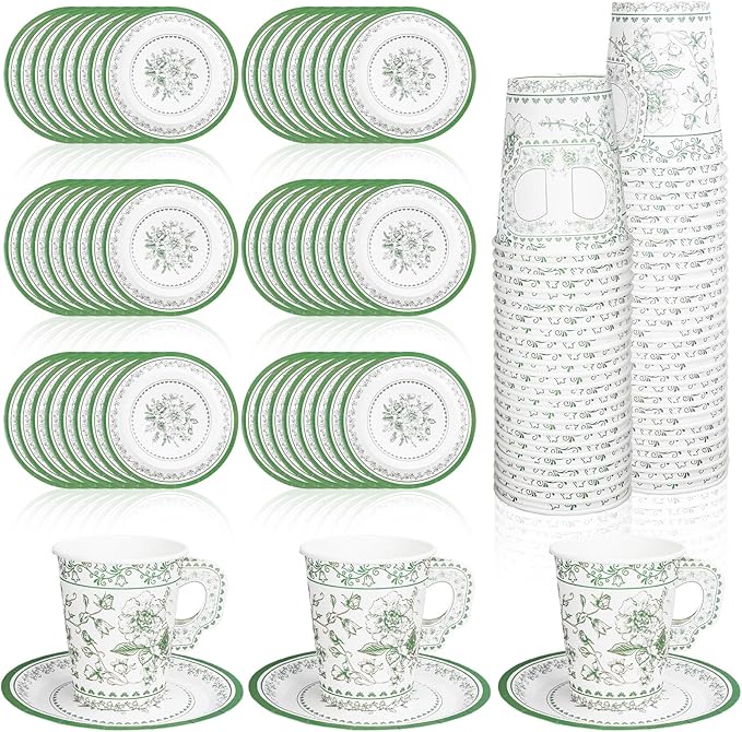 Whaline 80 Pcs Green White Floral Paper Tea Cups and Saucers Porcelain Chinoiserie Flower 9oz Disposable 40 Teacups with Handle and 40 Dessert Plates for Wedding Baby Shower Birthday Spring Tea Party