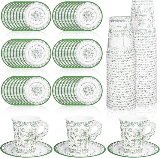 Whaline 80 Pcs Green White Floral Paper Tea Cups and Saucers Porcelain Chinoiserie Flower 9oz Disposable 40 Teacups with Handle and 40 Dessert Plates for Wedding Baby Shower Birthday Spring Tea Party