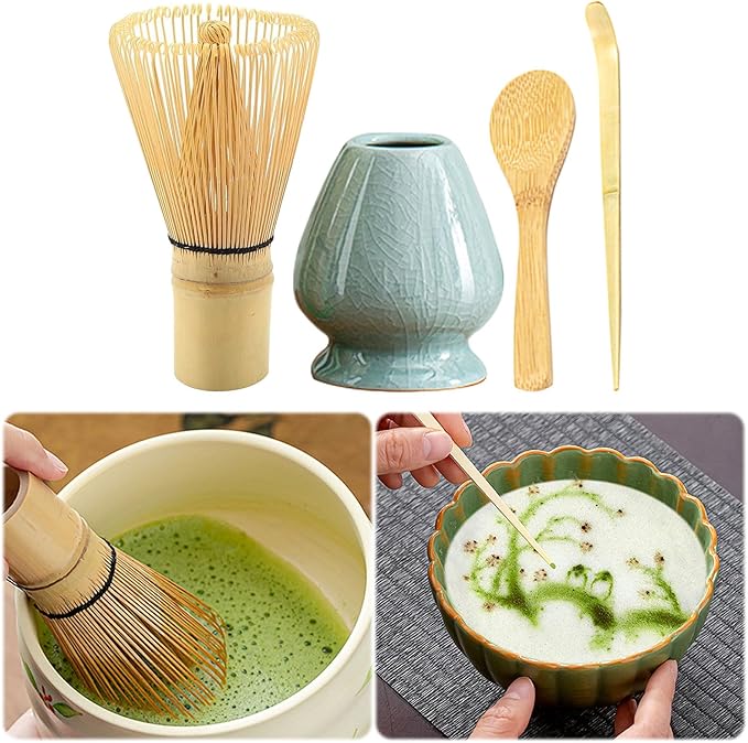 Traditional Japanese Matcha Tea Whisk Set, 4 Piece Bamboo Ceremonial Kit with Ceramic Holder (Geyao Blue)