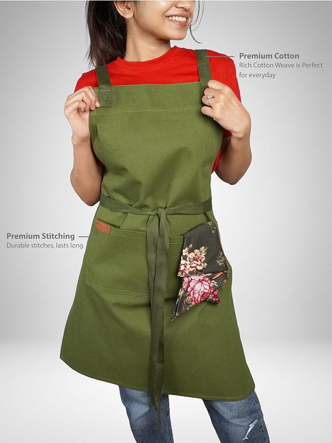 Cotton Crossback Apron with Waterproof Lining, 2 Pockets, Adjustable Water-Resistant Chef Apron - Image 3