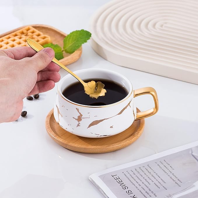 Jusalpha 10 oz Luxury Golden Hand Print Coffee Teacup with Bamboo Saucer Set Fashion Marble Pattern for Women TCS19 (White)