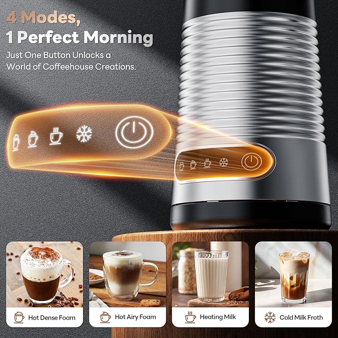 AROMASTER Milk Frother, 4 IN 1 Electric Milk Frother and Steamer for Coffee, Lattes, Cappuccinos, Automatic Hot Dense/Airy Foam & Cold Foam Maker, Ideal for Home, Kitchen and Office Daily Use