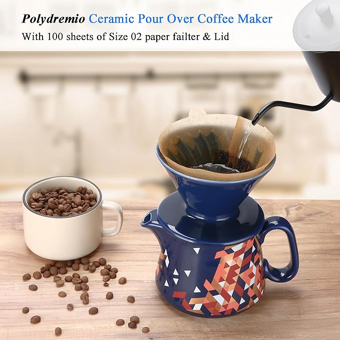 Pour Over Coffee Maker, Ceramic Coffee dripper with 100 pcs Paper Filter, Ceramic coffee Server with Lid, 15.5oz/450 ml, Suitable for 1-2 people (Blue)