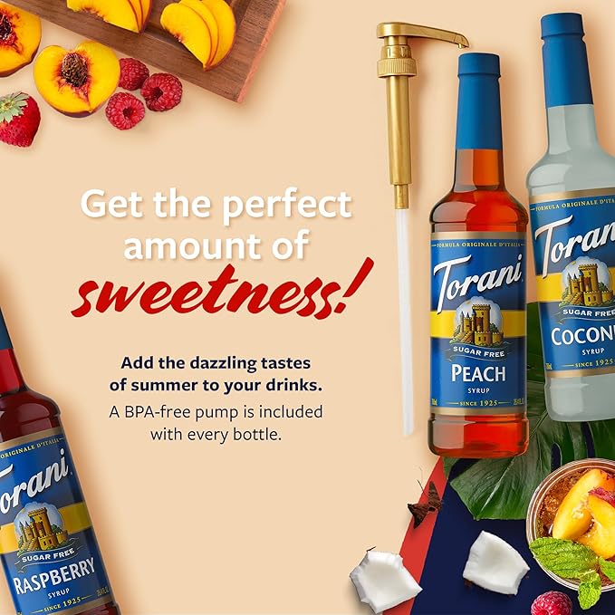 Torani Sugar Free Syrup Variety 3-Pack, Peach, Coconut, and Raspberry Syrup for Drinks, Zero Calories, Pumps Included, 25.4 Fl Oz Ea
