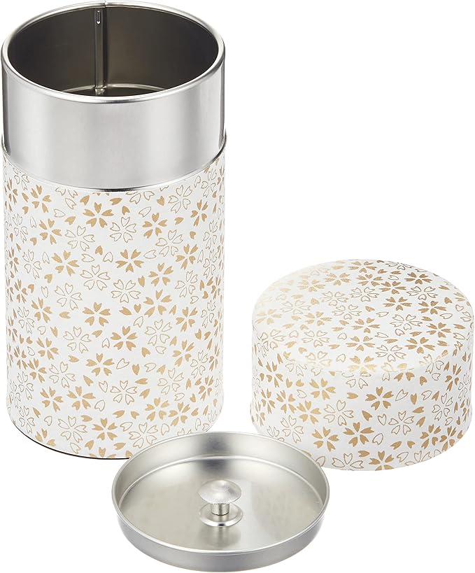 Yamako Pokkan a Japanese Tea Tin Canister, Air Tight, Double Lid, 200g Tea Capacity (Sakura - Cherry Blossom Pattern, L - 200g)