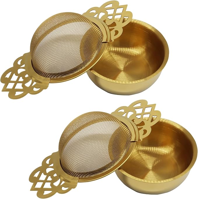 2 Pcs Tea Strainer Bowl, Stainless Steel Loose Leaf Tea Filter for Easy Brewing and Cleaning, Design Fits Most Standard Cups (Gold)