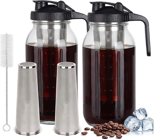 Cold Brew Coffee Maker, 2 Packs 64oz Mason Jar Pitcher with Durabel Glass & Stainless Steel Mesh Filter, Leak-Proof Glass Pither with Pour Spout Lid
