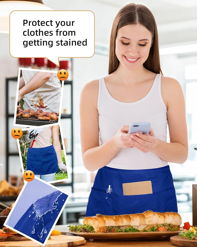 Argstar 2 Pack Server Apron with 4 Pockets, Waitress Waiter Waist WaterDrop Resistant Short Aprons - Image 4