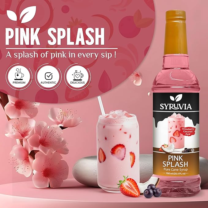 Syruvia Pink Splash Flavored Syrup for Drinks, Cocktails, Lemonades, Iced Teas and Desserts – 25.4 fl oz, With Pump