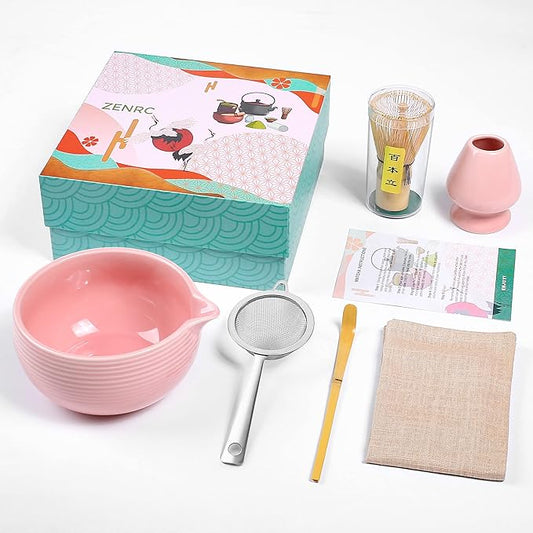 Ceremony Pink Matcha Kit - Traditional Bamboo Matcha Whisk (Chasen) Scoop (Chashaku) Chawan Bowl with Pouring Spout Whisk Holder Sifter Tea Tray- The Perfect Matcha Set (Baby Pink, Set of 6)