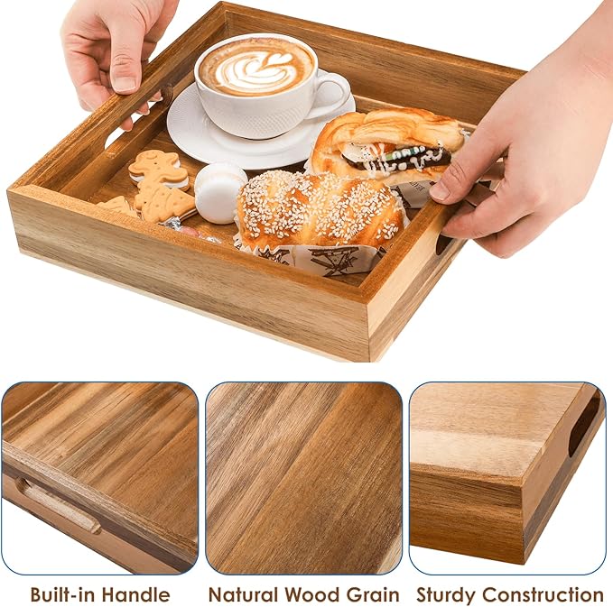 YOUEON Set of 2 Acacia Wood Serving Tray with Handles, 10x10x2 Inch Decorative Serving Trays for Food, Ottoman Tray, Square Coffee Table Trays for Dinner, Coffee, Wine, Appetizer
