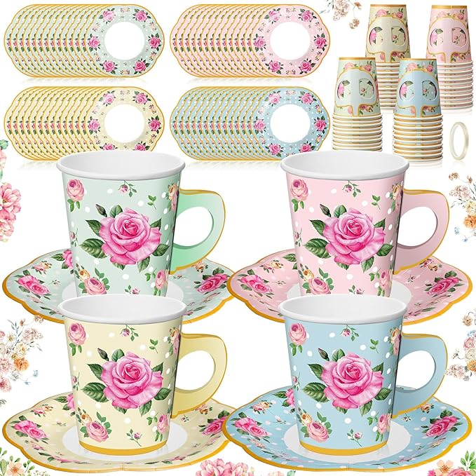 Umigy 60 Sets Tea Party Decorations 9 oz Floral Paper Tea Cups with Handle and Plates Disposable Blossom Teacups and Saucers Sets for Girls Kids Birthday Garden Wedding Party Supplies(Multicolored)