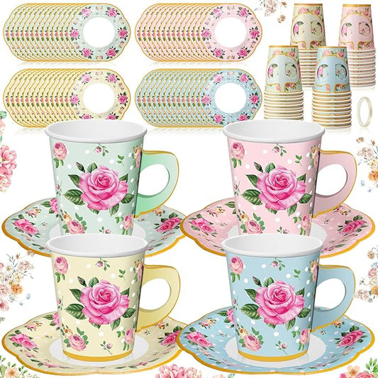 Umigy 60 Sets Tea Party Decorations 9 oz Floral Paper Tea Cups with Handle and Plates Disposable Blossom Teacups and Saucers Sets for Girls Kids Birthday Garden Wedding Party Supplies(Multicolored)