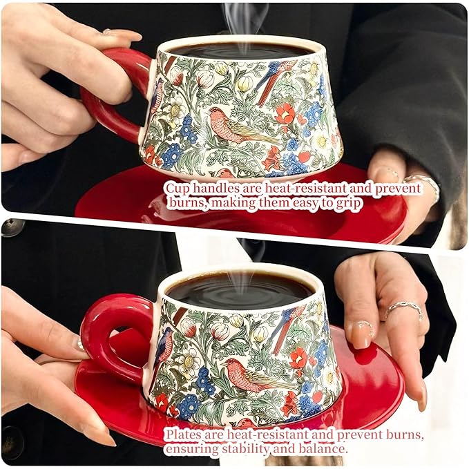Ceramic Cup and Saucer Set, Luxurious Coffee/Tea Mug, Vintage Beautifully Printed Cups with Handle Practical Gifts for Women Housewarming/Birthday/New Year/Valentine's Day/Mother's Day, 8.8oz (Red)